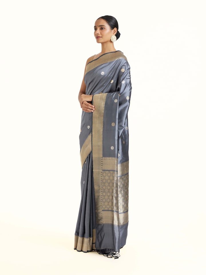 Side view of Grey Mulberry Silk Banarasi Saree highlighting the detailed craftsmanship and elegant silhouette