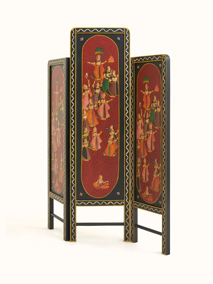 Side view of the miniature painting partition screen, emphasizing the structure and artistic details.