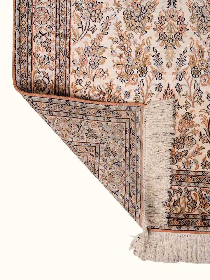 Back view of Traditional Persian Ivory Mahal Kashmir Silk Hand-Knotted Carpet showing the reverse weave