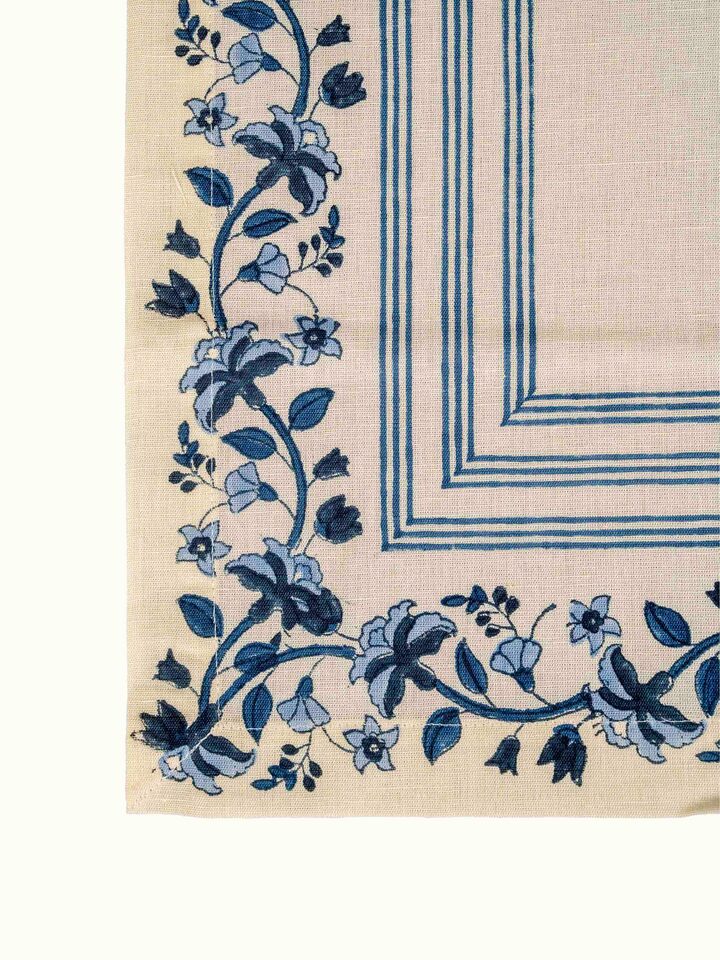 Detail view of Palampore Blue Hand Block Sanganeri Print Cotton Linen Dinner Napkin (6 Pcs) highlighting the fabric texture and embroidery detail