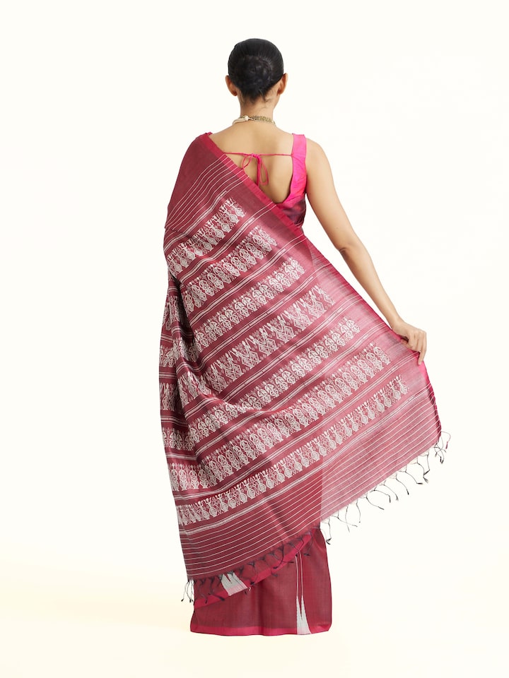 Back view of the Maroon Tussar Silk Odisha Ikat Saree