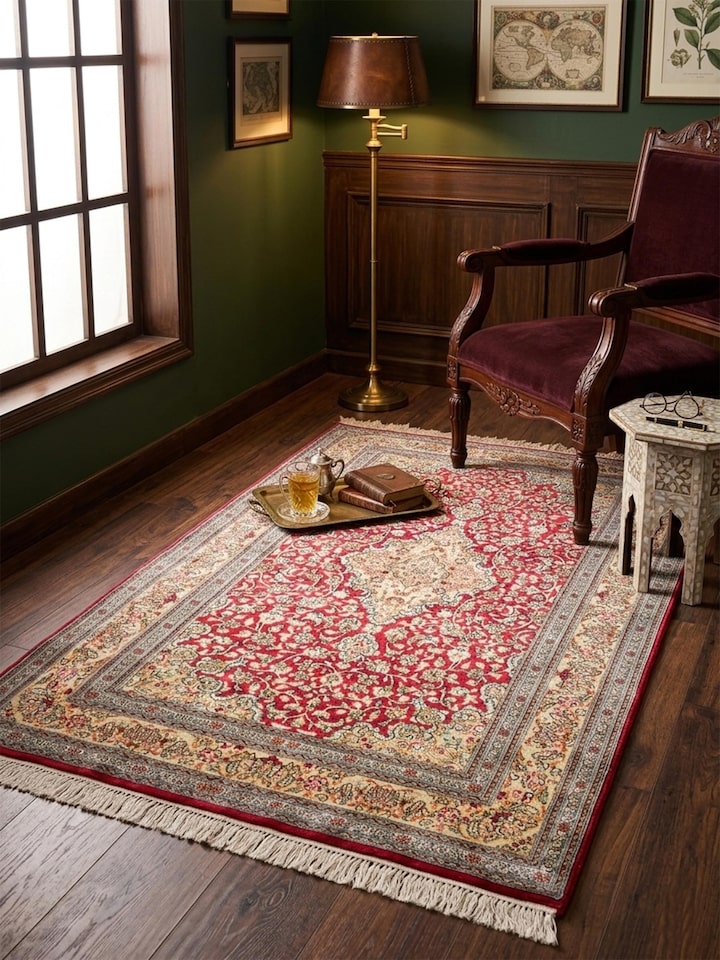 Lifestyle view of the Traditional Persian Navy Ochre Tabriz Kashmir Silk Hand-Knotted Carpet