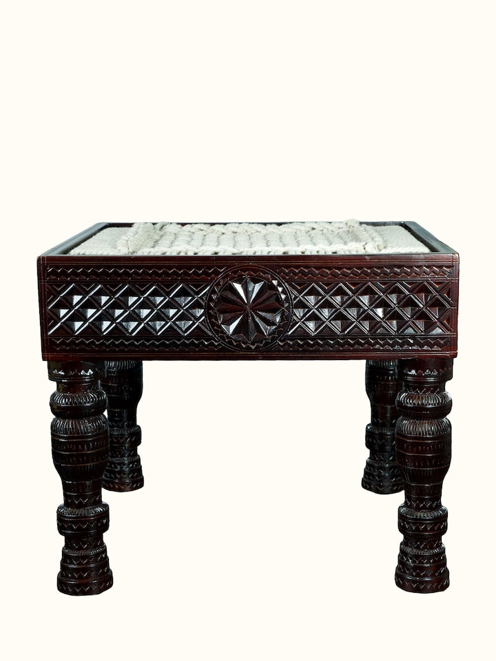 Front view of the Carved Teak Wood & Glass Stool