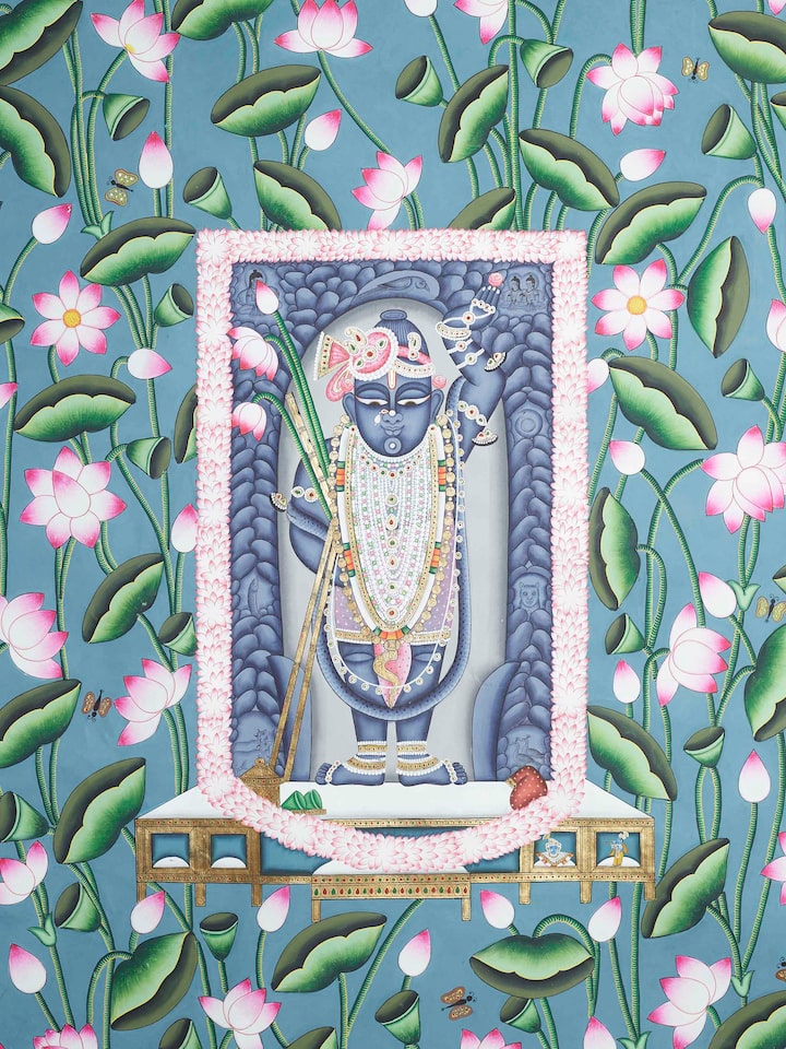 Detail view of the Shrinathji Kamal Talai Pichwai Painting