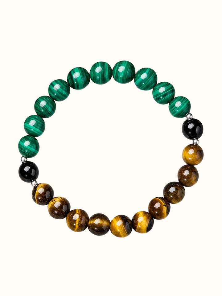 Front view of Gemstone Tiger Eye, Black Onyx & Malachite Bead Silver Bracelet showing the complete piece and design