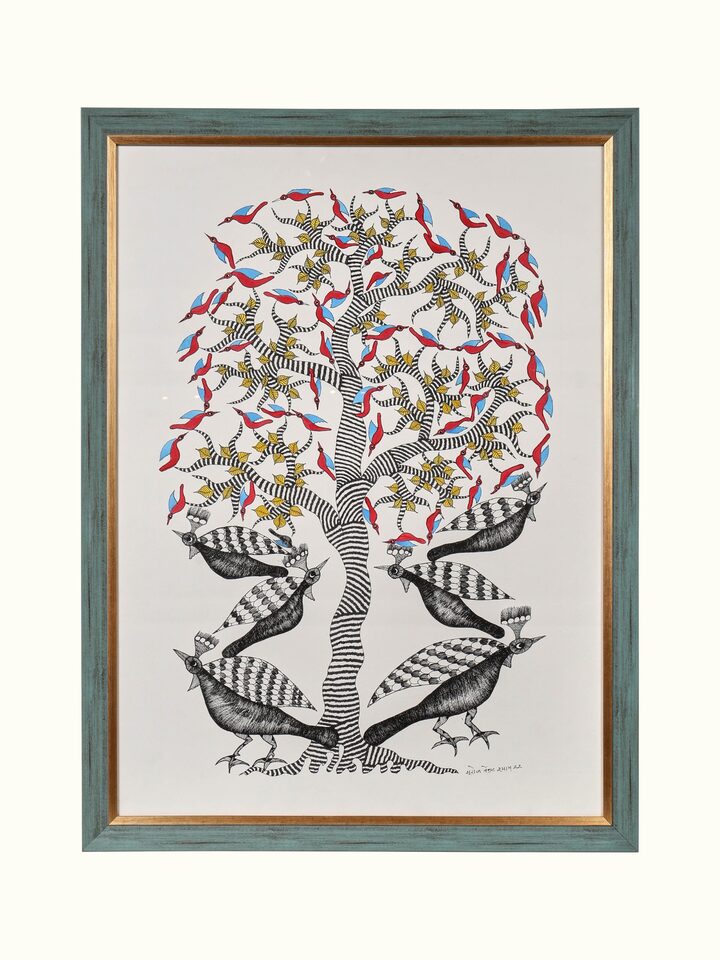 Front view of the Birds Under Tree Gond Art