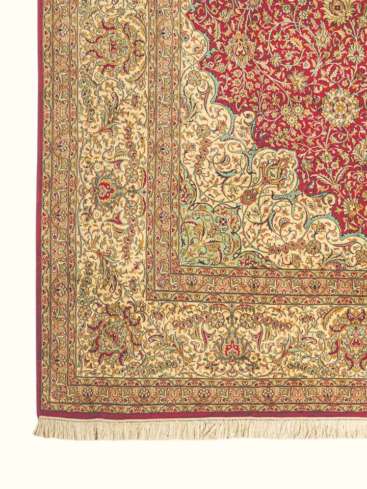 Traditional Persian Red Ivory Kashan Kashmir Silk Hand-Knotted Carpet
