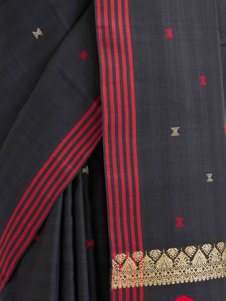 detail view of black cotton silk saree texture