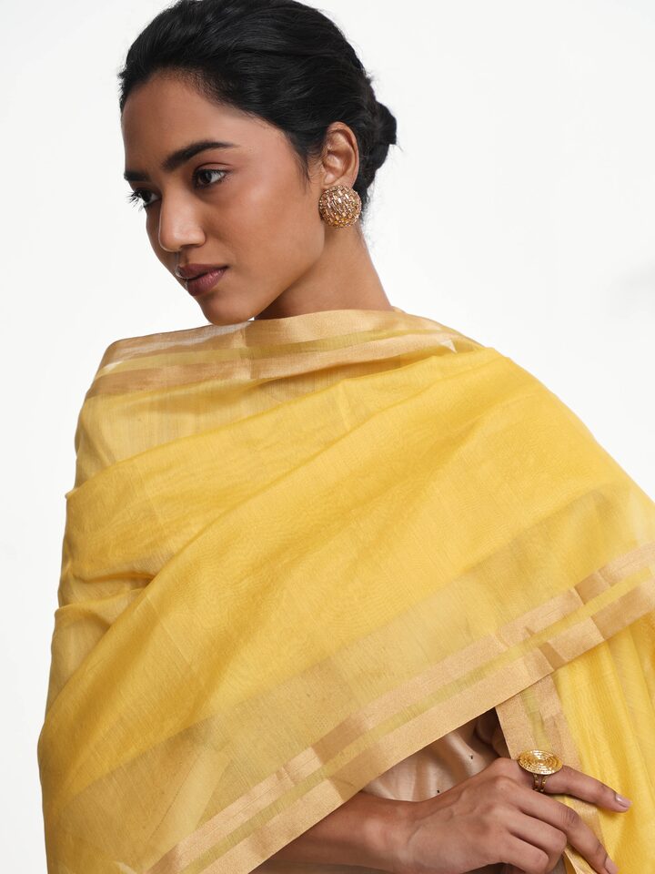Traditional yellow cotton silk dupatta with zari border - close-up look