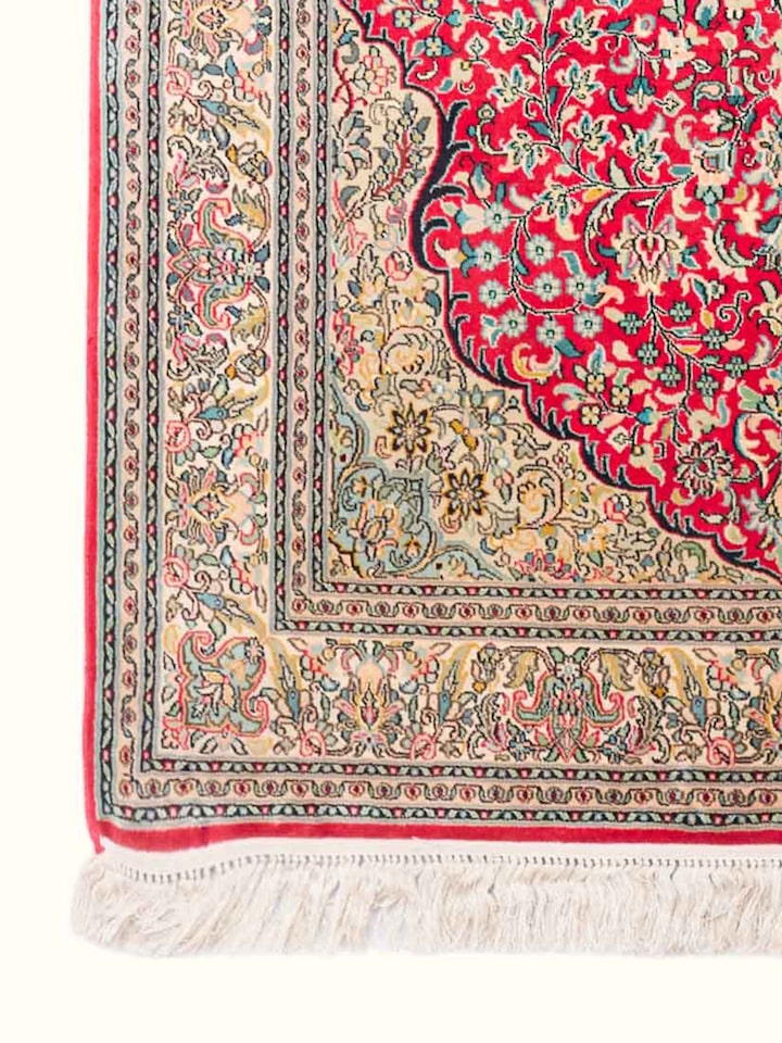 Close-up of the Traditional Persian Red Ivory Kashan Kashmir Silk Hand-Knotted Carpet