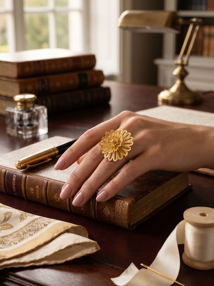 Styled view of Silver Smithing Ring worn on the finger, showing how it looks styled, from a different angle