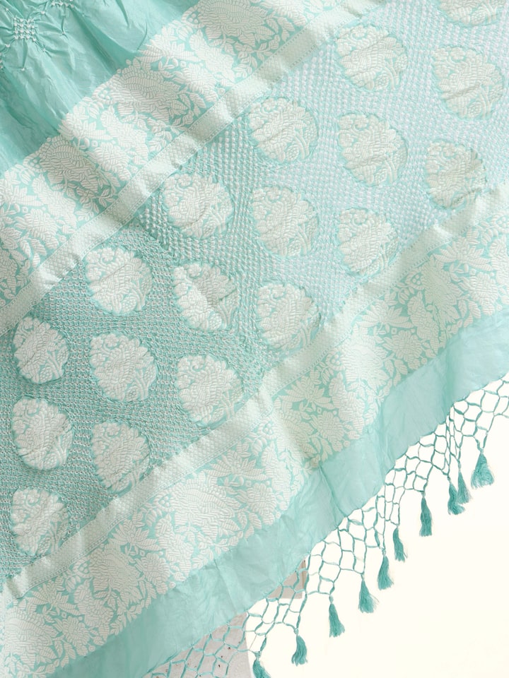 Detailed view of Sea Green Bandhani Tie & Dye Dupatta focusing on the fine craftsmanship and texture