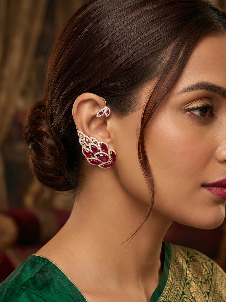 Styled view of Open Setting 14 Karat Gold Ear-Hooks worn on the ear, showing how it looks styled