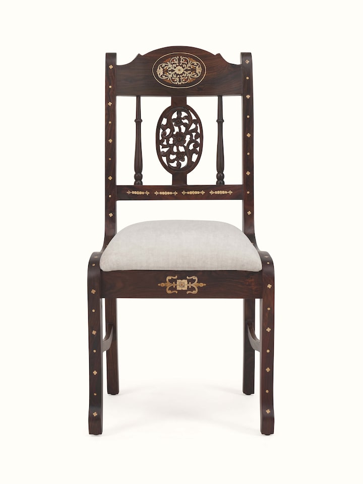 front view of upholstered rosewood inlay dining chair alternate angle