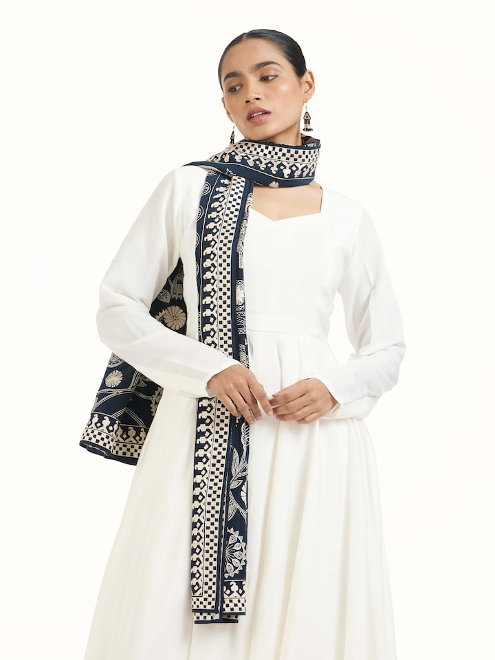 Angled view of Whiskey Blue Aari Hand Embroidered Stole revealing the depth of its color and intricate pattern