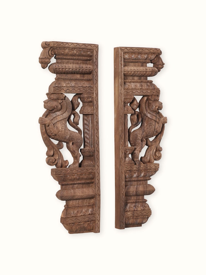 Angled view of the Wood Carved Yali Wall Panel (2 Pieces)