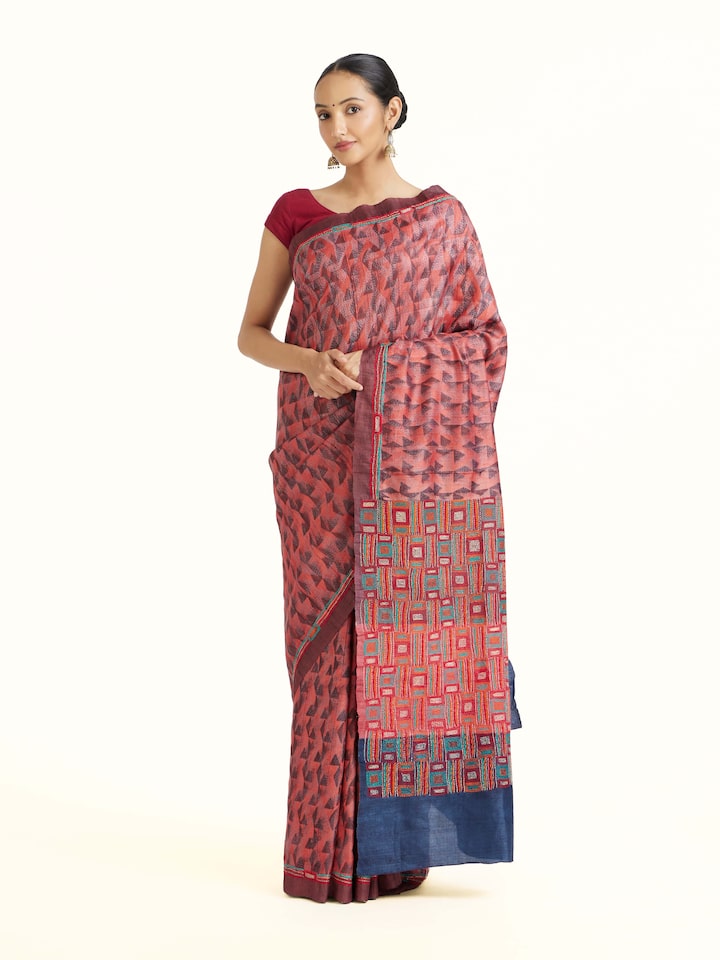Front view of the Red Tussar Silk Discharge Printed Kantha Embroidered Saree