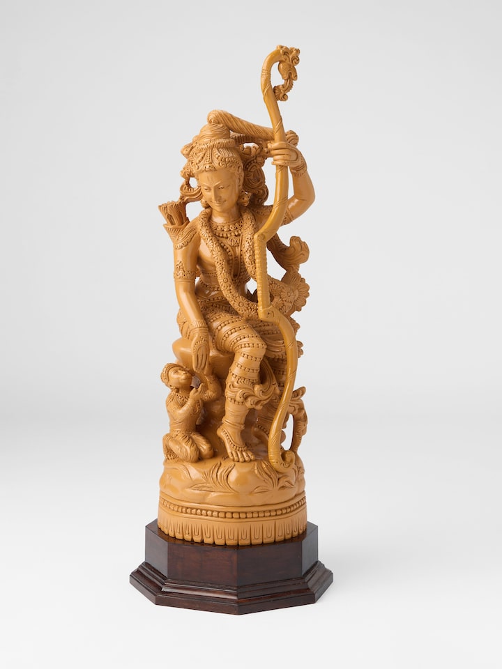 Close-up view of Wood Carved Rama Hanuman Idol highlighting the handcrafted detailing and finish