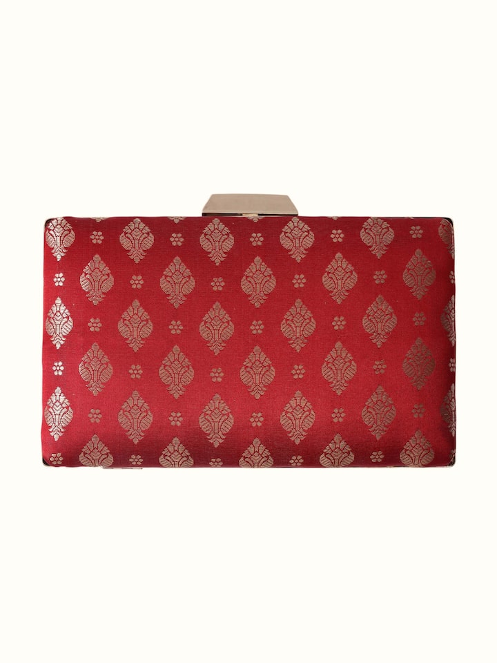 Front view of the Red Handwoven Brocade Clutch