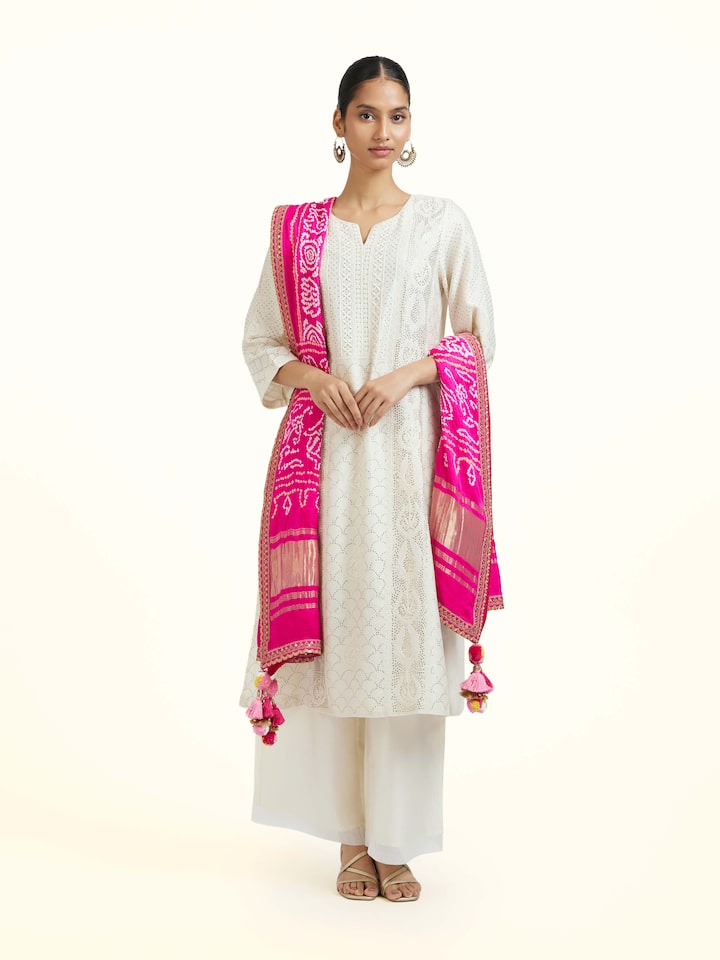Front view of the Pink Silk Bandhani Zardozi Embroidered Dupatta