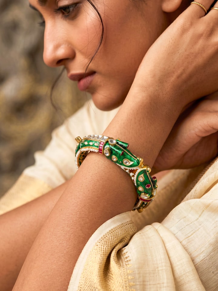 Styled view of Meenakari Silver Bangle worn on the wrist, showing how it looks styled