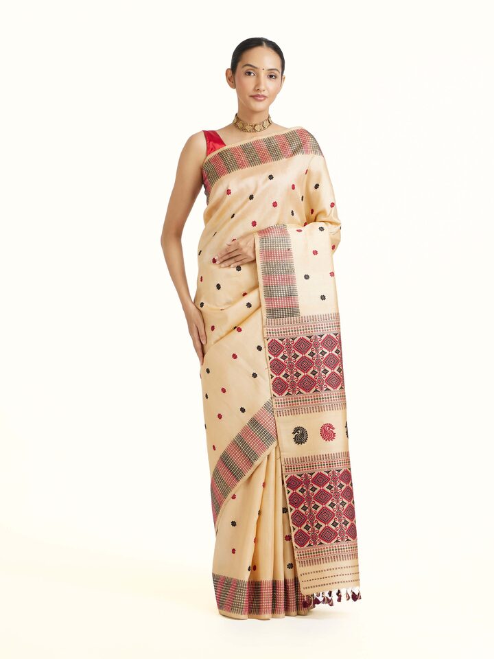Front view of Beige Tussar Silk Saree showing the full drape and pallu design