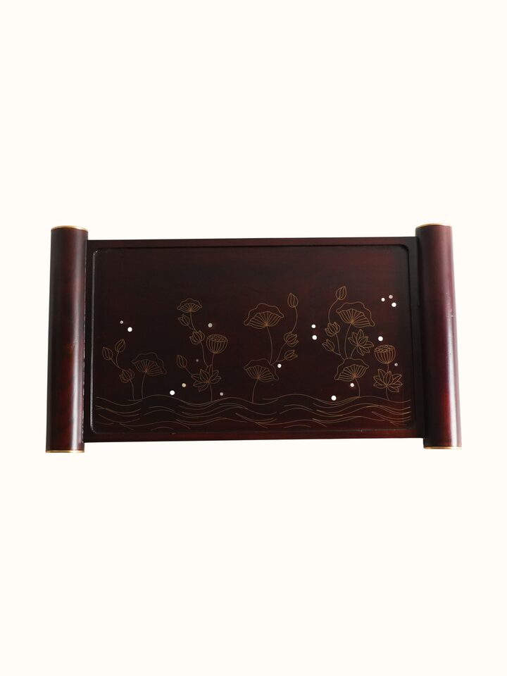 Front view of the Kamal Tarkashi Teak Wood Tray Large