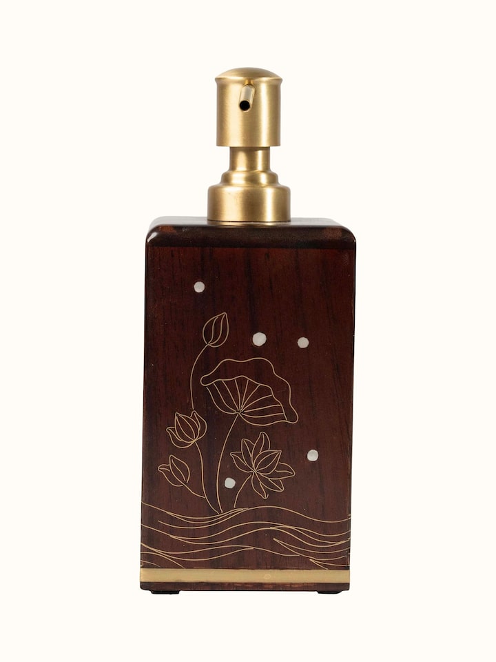 Front view of Kamal Tarkashi Teak Wood Soap Dispenser showing the product packaging and label