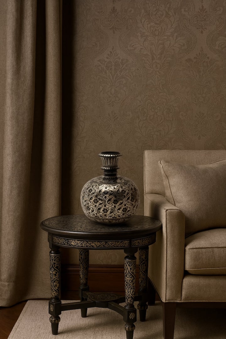 Lifestyle view of Bidri Zinc & Silver Hukkah Base Vase