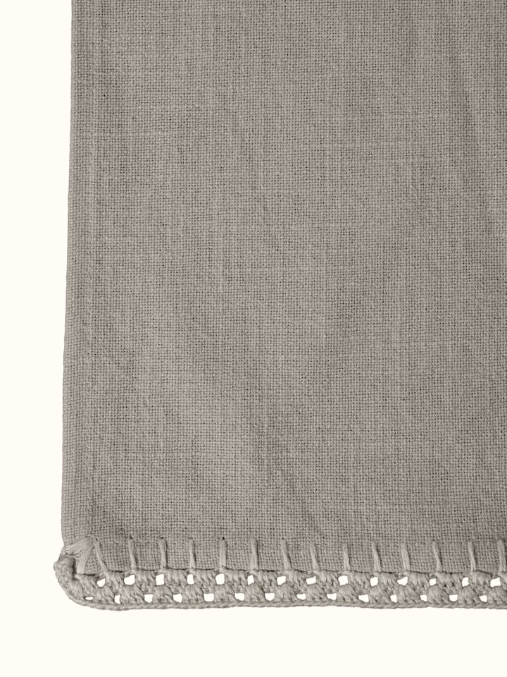 Detail view of Nityam Beige Cotton Slub Crochet Table Runner highlighting the fabric texture and embroidery detail