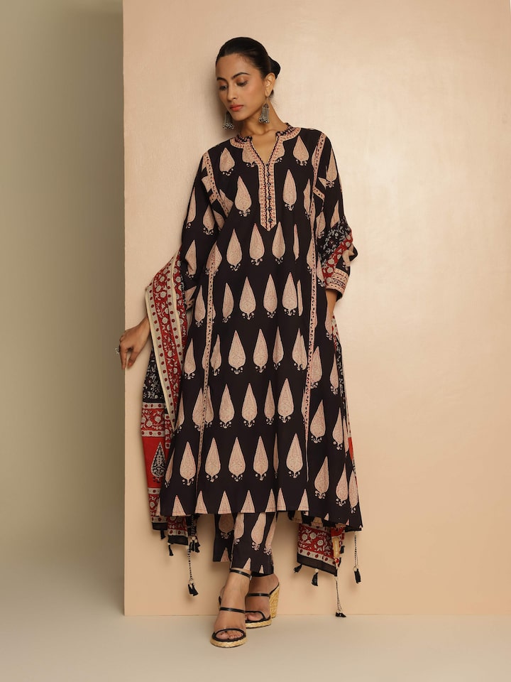 Black Cotton Bagru Block Printed Straight Pants