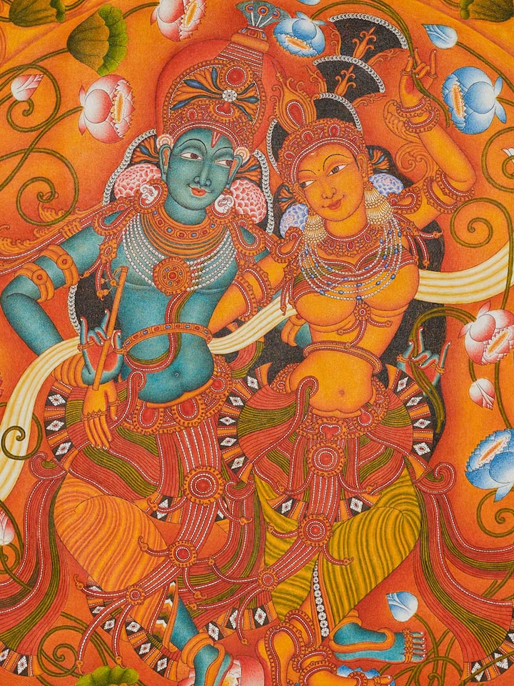 Detail view of Padma Rasa Kerala Mural Painting highlighting the intricate linework and detail, from a different angle