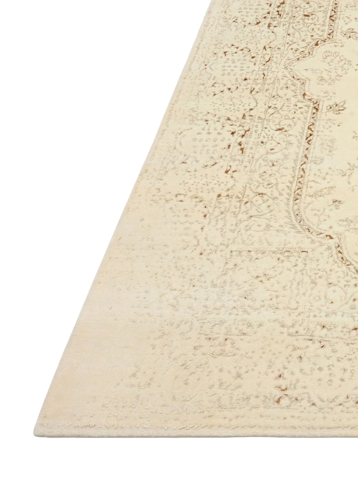 Close-up view of Transitional Persian Ivory Bhadohi Wool & Bamboo Silk Hand Knotted Rug highlighting the hand-knotted weave and motif detail