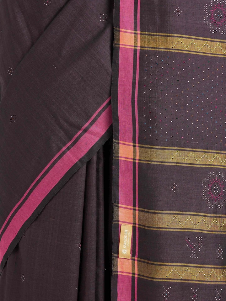 Back view of the Brown Cotton Silk Tangalia Saree