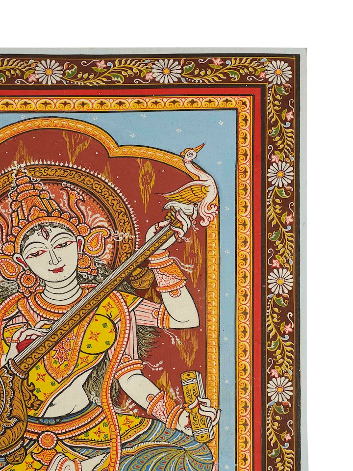 Close-up detail of the Saraswati Canvas Patachitra Painting