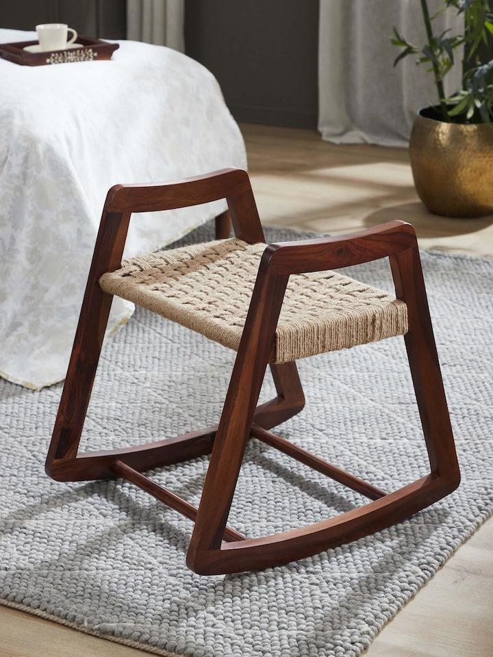 Side view of Swadesh Sheesham Wood Jute Woven Stool highlighting its sturdy wood frame and jute woven seat