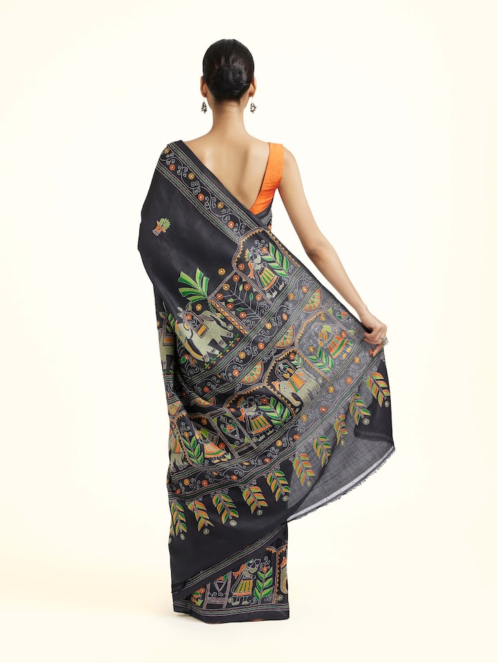 Back view of Black Tussar Silk Kantha Embroidered Saree showing the pleats and finish