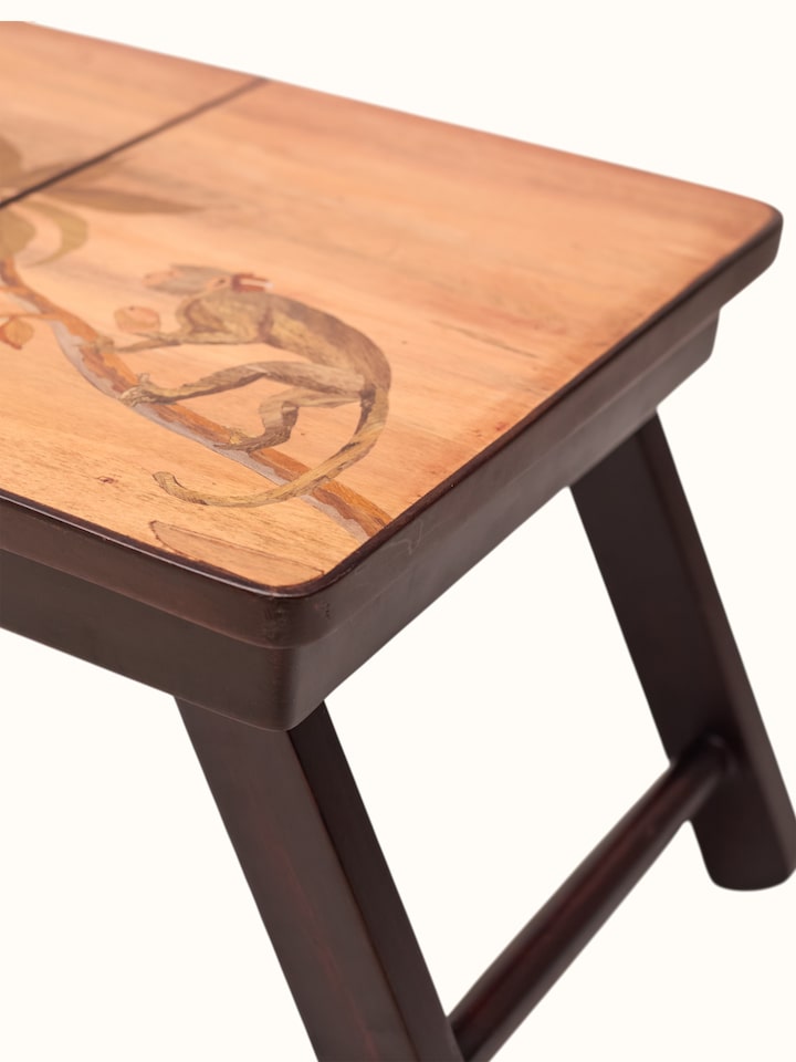 Detail view of the Marquetry Teak Wood Laptop Table