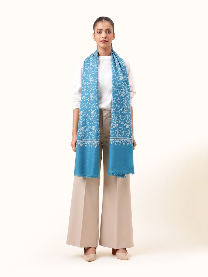 Front view of Falak Pashmina Sozni Embroidered Stole showing the full length and border pattern