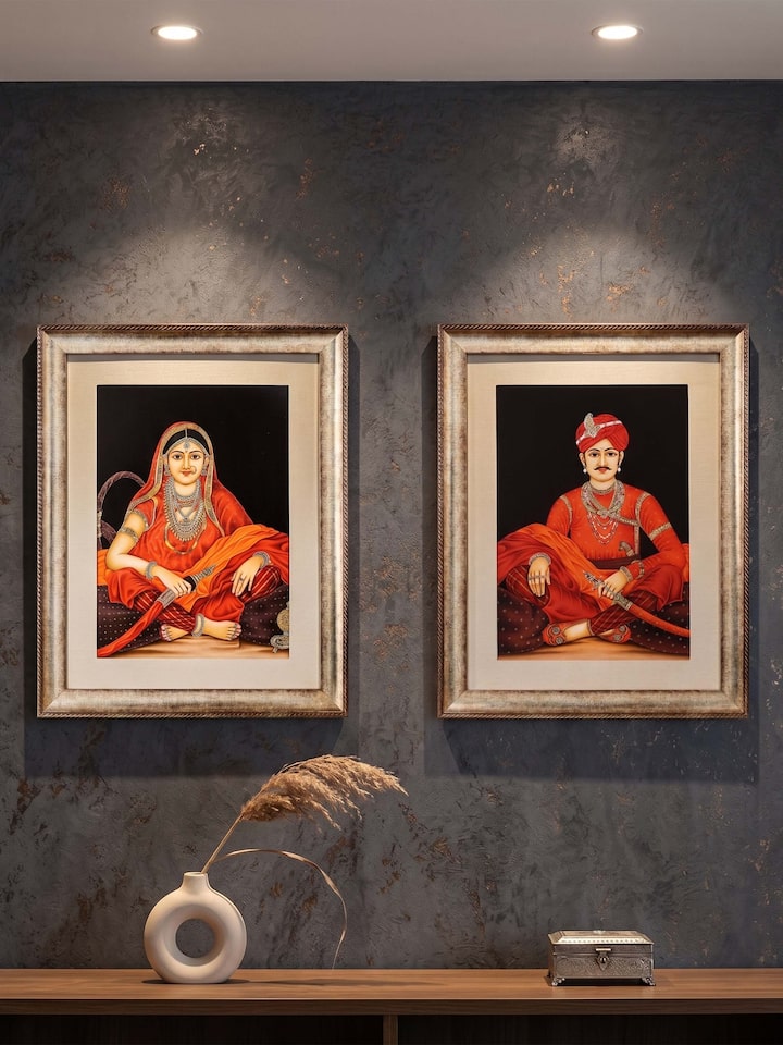 Styled view of Raja & Rani in Gold Miniature Painting (2 Pcs) displayed against a styled backdrop