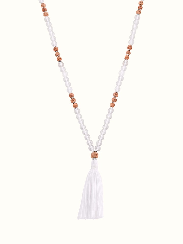 Front view of Rudraksha & Sphatik Silver Mala, highlighting the contrasting natural elements and polished silver finish