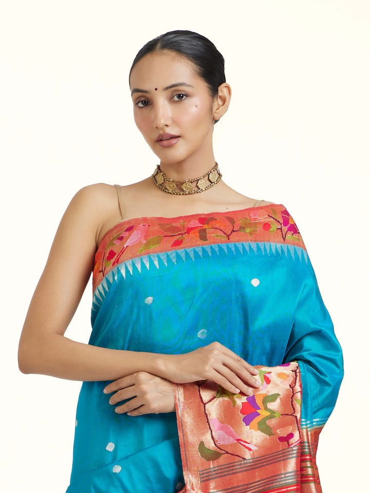 Draped detail view of the Turquoise Mulberry Silk Paithani Handloom Saree