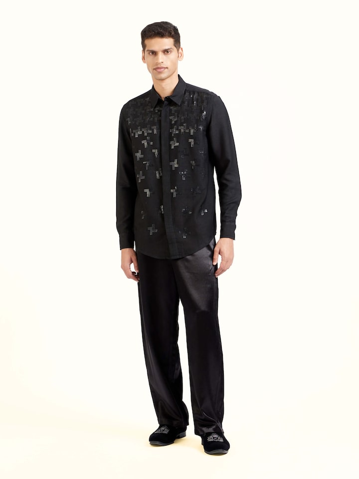 Front view of black hand embroidery shirt with ornate detailing