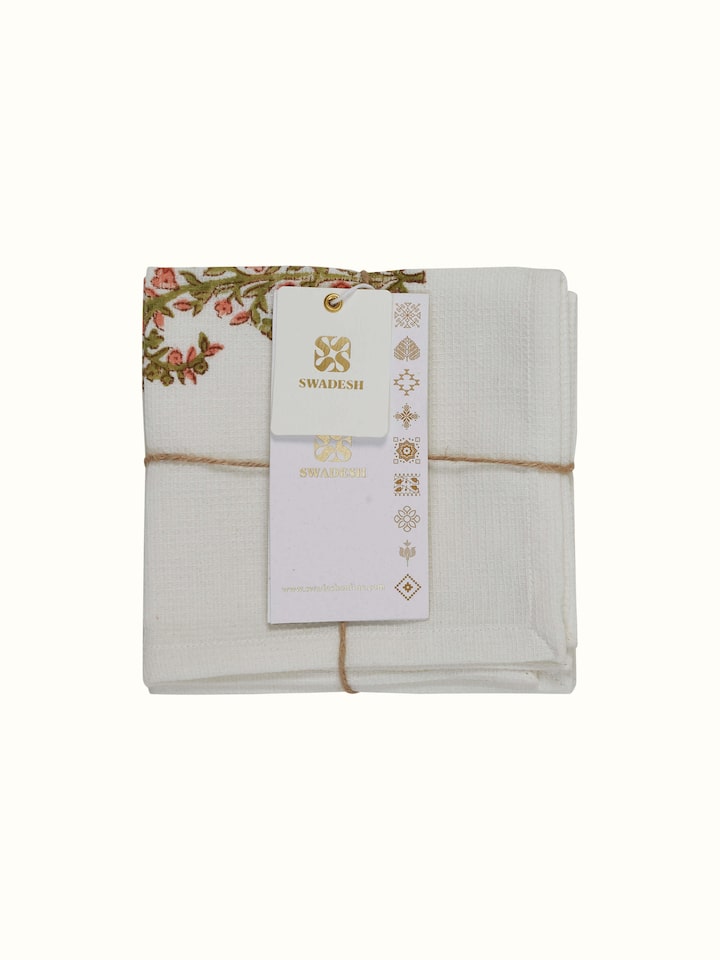 Detailed shot of Ambi buta peach floral cotton Sanganeri block printed face towels (4 pcs) showing craftsmanship and texture