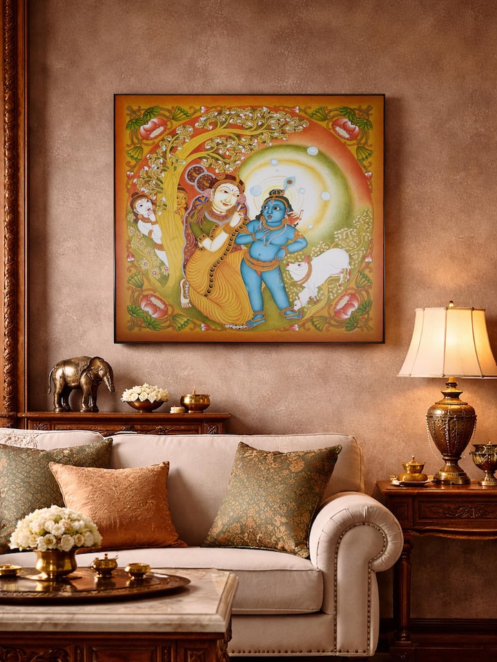 Styled view of Yashoda Krishna Kerala Mural Painting displayed against a styled backdrop