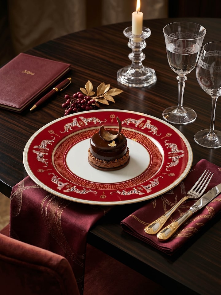 Styled view of Ceramic Charger Plate With Hand-Applied Gold-Accent Motifs styled in a home setting, from a different angle