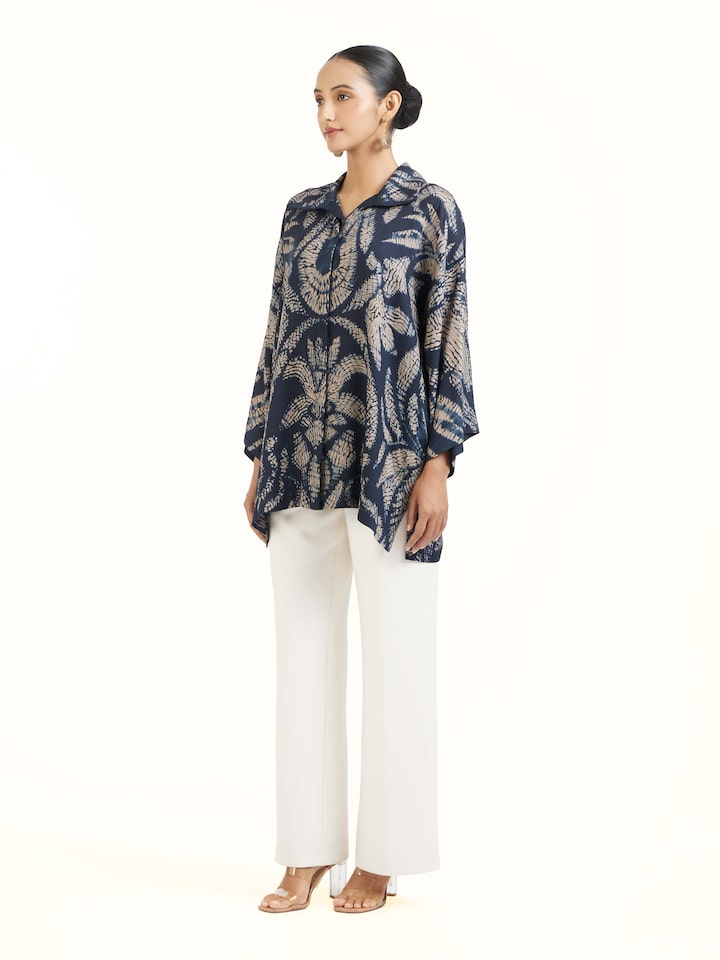 Side view of Blue Modal Shibori Shirt showing the side fit and silhouette