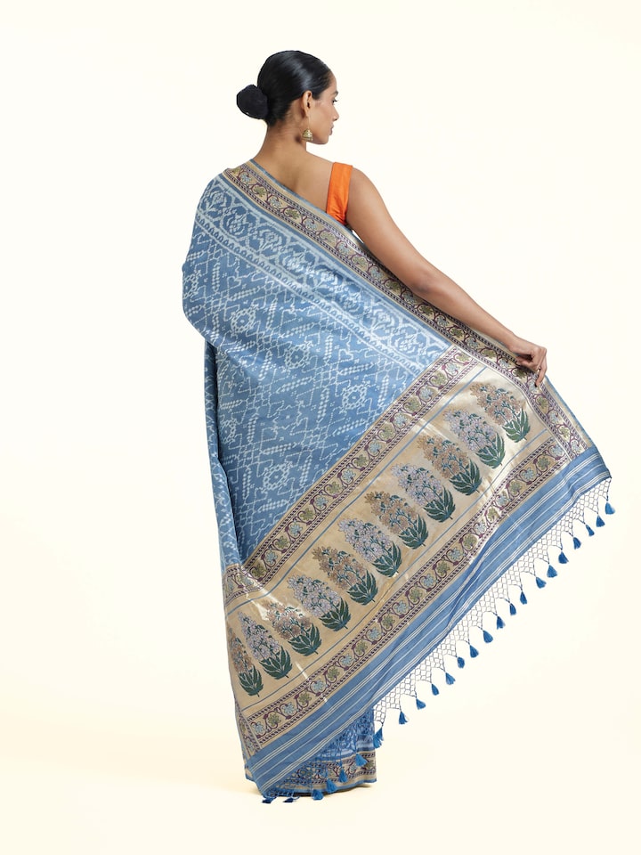 Back view of Indigo Ashavali Brocade Silk Saree emphasizing the overall design and fine details