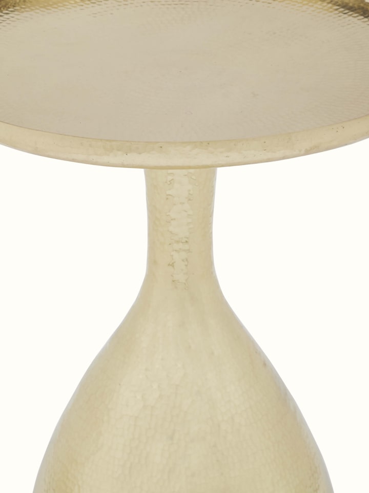 Angle view of Brass Thathera End & Side Table, emphasizing its elegant form and decorative brass patterns