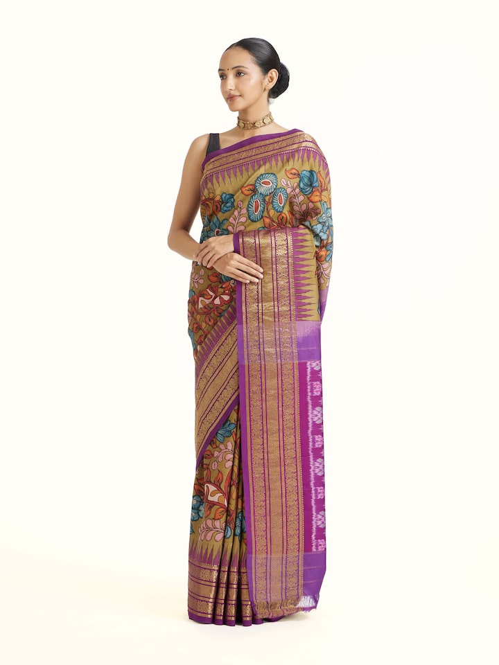 Side view of Purple Kalamkari Hand‑Painted Saree highlighting the detailed craftsmanship and elegant silhouette